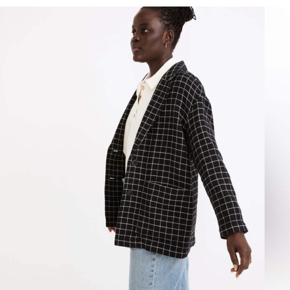 MADEWELL Blazer Jacket Waffleback Shaw Black White Windowpane Plaid Pocket Small